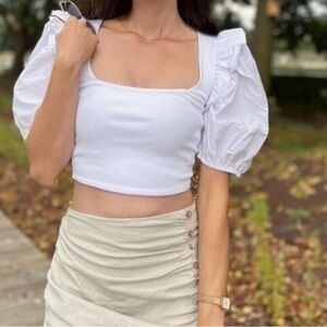 Zara White Puffed Sleeve Crop Blouse